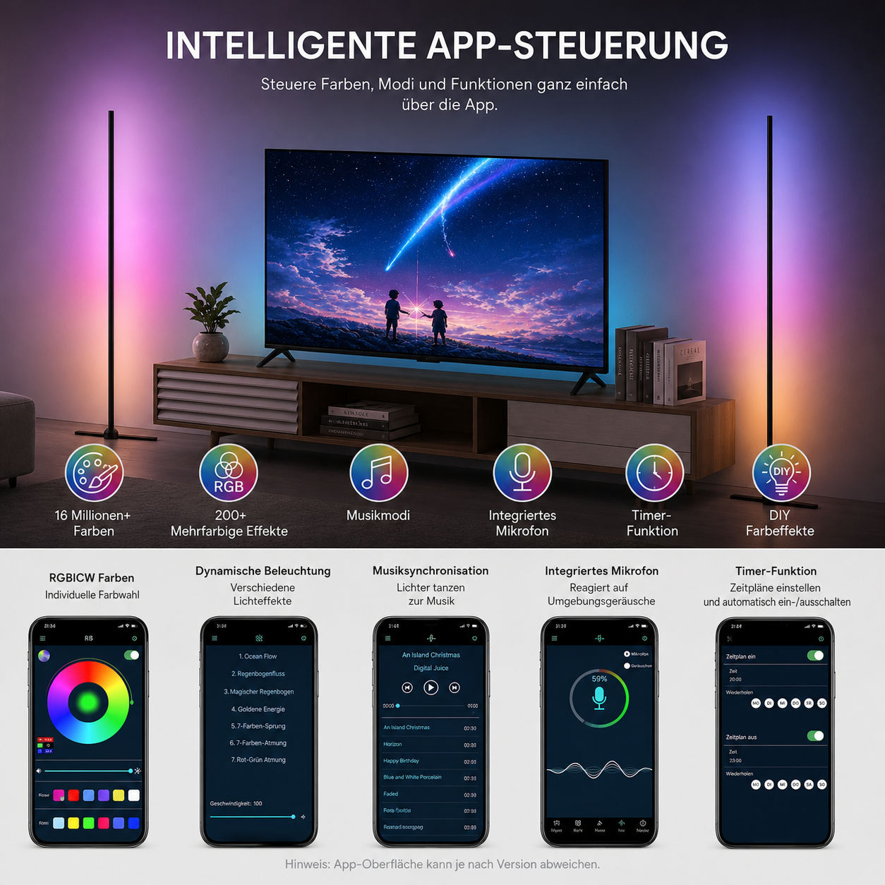 RGB Stehlampe | Smart LED Ecklampe | 16 Mio. Farben | Musik-Synchronisation